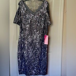 Formal sequined dress, knee-length, brand new, gray and silver.